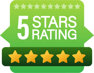 5 star rating. Badge with icons on white background. Vector